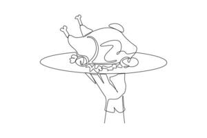 Single one line drawing the waiter holds food tray serving roast chicken. Foods that can be consumed while on a diet. Chicken with whole pieces. Delicious. Continuous line design graphic illustration vector