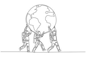 Single one line drawing group of astronauts working together to carry globe. Very successful space mission. Get back to earth as soon as possible. Spaceman. Continuous line design graphic illustration vector