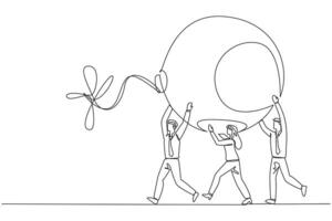 Single one line drawing a group of businessmen and businesswomen work together carrying a big bomb with the fuse lit. Eliminate business interruptions. Continuous line design graphic illustration vector