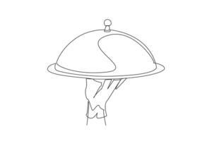 Continuous one line drawing the waiter holds a food tray covered by a tray lid. Service in a restaurant. Keep food clean and hygienic. Standard serving. Single line draw design illustration vector