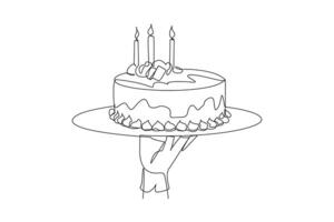 Single one line drawing the waiter holds a food tray serving cake. It has quite high calorie and cholesterol content. Cake with celebration symbols. Sweet. Continuous line design graphic illustration vector