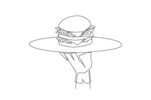 Single one line drawing waiter holding food tray serving burger. Fast food. Like a sandwich. The bread contains pieces of meat, lettuce, tomatoes and onion. Continuous line design graphic illustration vector