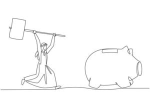 Single continuous line drawing Arab businessman holding big hammer chasing big running piggy bank. Investment value decreases. Sell it immediately before bankrupt. One line design illustration vector