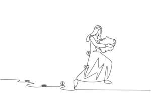 Single continuous line drawing Arabian businessman running while carrying a piggy bank with coins scattered around. Running to save profits. Can't suffer losses. One line design illustration vector