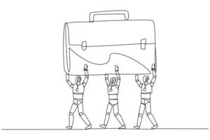 Single continuous line drawing group of robots work together carrying a briefcase. Test artificial intelligence. Introduction to business bags. Technology concept. One line design illustration vector