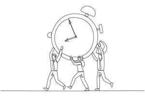 Continuous one line drawing a group of businessmen and businesswomen work together carrying alarm clock. Working together feels easier. Completing deadline. Single line draw design illustration vector