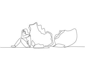 Continuous one line drawing businesswoman sit slump next to a large, destroyed the big piggy bank. Debt. Unable to pay in installments. Bad financial plan. Single line draw design illustration vector