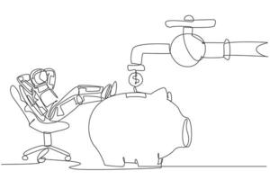 Continuous one line drawing astronaut sit relax on chair to see money faucet flow into savings piggy bank. Donations continue to flow. Cosmonaut deep space. Single line draw design illustration vector