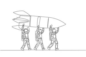 Continuous one line drawing a group of astronauts work together carrying a rocket. Repair expert. Save budget for space expeditions. Spaceman. Outer space. Single line draw design illustration vector