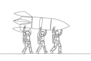 Continuous one line drawing a group of astronauts work together carrying a rocket. Repair expert. Save budget for space expeditions. Spaceman. Outer space. Single line draw design illustration vector