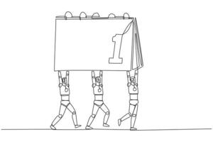 Continuous one line drawing a group of robots work together carrying a desk calendar. Able to manage schedule. Perfect artificial intelligence. Technology. Single line draw design illustration vector