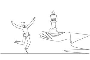 soltero continuo línea dibujo joven árabe mujer de negocios emocionado a obtener del rey ajedrez pedazo desde gigante mano. obtener lleno apoyo desde el tablero de directores éxito. uno línea diseño ilustración vector