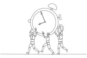 Single one line drawing group of robots work together carrying alarm clock. Limited trial time. Artificial intelligence should be released soon. Technology. Continuous line design graphic illustration vector