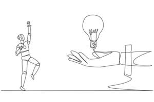 Single one line drawing a robot is excited to get lightbulb from a giant hand. Receive the latest innovations. The newest updates. Artificial intelligence. Continuous line design graphic illustration vector