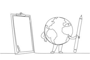 Single continuous line drawing the globe poses holding a large pencil in front of a clipboard. Make a list of what needs to be done to keep the earth green. Saving. One line design illustration vector