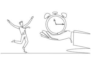 Single one line drawing the businessman was excited to get alarm clock from a giant hand. Most important gift. Work as best as possible. Time will follow. Continuous line design graphic illustration vector