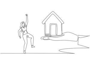 Single one line drawing businesswoman was excited to get a miniature house from giant hand. Hard work gets comparable results. Trusted to place a new house. Continuous line design graphic illustration vector