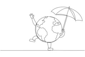 Continuous one line drawing globe holding an umbrella. Protects the earth's ozone layer from perforating. The air remains healthy. No extreme weather. Single line draw design illustration vector