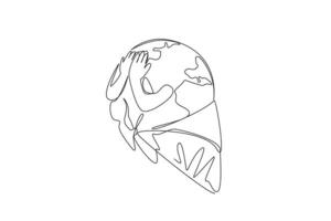 Single one line drawing the globe becomes melting ice cream cone. The heat of the earth makes the ice melt and drip quickly. The concept of a warming earth. Continuous line design graphic illustration vector