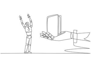 Continuous one line drawing robot was excited to get a wallet from the giant hand. A compact place to store important things. Future technology concept. Single line draw design illustration vector