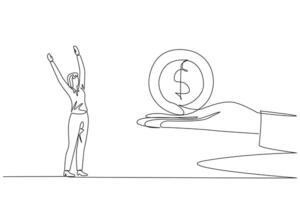 Single continuous line drawing the businesswoman is excited to get a dollar symbol coin from giant hand. A little extra capital. Use it for profit. Important gift. One line design illustration vector