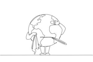 Continuous one line drawing globe chews thermometer while holding handkerchief. Imbalance occurs. The earth's temperature is getting warmer. Global warming. Single line draw design illustration vector