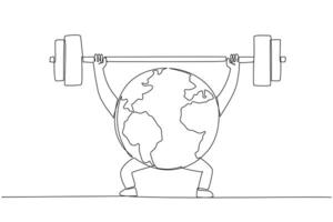 Single continuous line drawing globe lifts barbell with both hands. The strongest to protect the earth. Clean earth makes the body strong. Fight to protect earth. One line design illustration vector