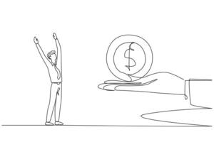 Continuous one line drawing the businessman is excited to get a dollar symbol coin from a giant hand. The most important gift. Can be used for urgent needs. Single line draw design illustration vector