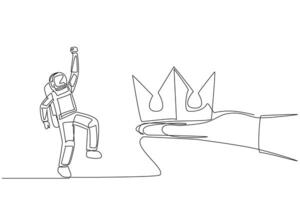 Continuous one line drawing astronaut happy to get the crown from a giant hand. Success symbol. Luxury. The space mission is complete. Cosmonaut deep space. Single line draw design illustration vector