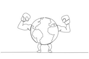 Single continuous line drawing globe raised both hands which wearing boxing gloves. Always enthusiastic to fight to preserve the beauty of nature. Save the planet. One line design illustration vector