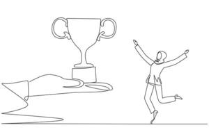 Continuous one line drawing Arabian businesswoman happy to get the trophy from the giant hand. Winner of business competition. Appreciation from everywhere. Single line draw design illustration vector
