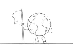 Single one line drawing globe holding a fluttering flag. Wind blow slowly. Fresh air. Some of the characteristics of the earth are still in good condition. Continuous line design graphic illustration vector