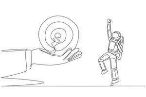 Single continuous line drawing astronaut was excited to get the arrow target board from a giant hand. Focus. Complete target. Return to earth safely. Cosmonaut. One line design illustration vector