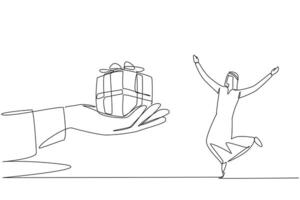 Single one line drawing young Arabian businessman excited to get the gift box from the giant hand. Surprise gift. Outstanding performance achievements. Continuous line design graphic illustration vector