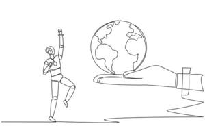 Single continuous line drawing a smart robot is excited to get the globe from giant hand. Disseminating the latest technology. The whole world. Future technology. One line design illustration vector