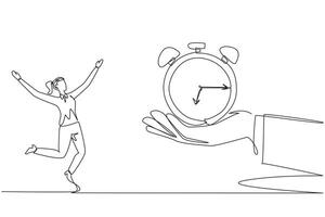 Single one line drawing businesswoman was excited to get alarm clock from a giant hand. Additional time to complete daily reports. Must always make profit. Continuous line design graphic illustration vector