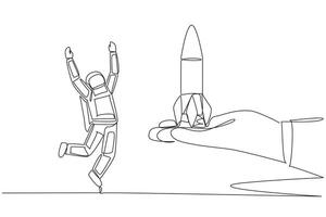 Single continuous line drawing astronaut happy to get rocket from the giant hand. A worthy gift. Getting the chance to expedition into space once again. Cosmonaut. One line design illustration vector