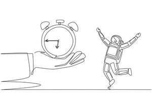 Single one line drawing astronaut excited to get alarm clock from the giant hand. Antique and classic clock shape. Loud alarm sound. Reminder. Cosmonaut. Continuous line design graphic illustration vector