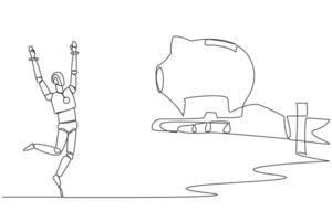 Single one line drawing a robot happy to get a piggy bank from giant hand. Invest in algorithm testing. Artificial intelligence is increasing. Future tech. Continuous line design graphic illustration vector