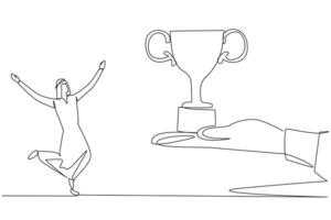 Single one line drawing young Arabian businessman happy to get the trophy from the giant hand. Received a prestigious award. Pride. Expand company. Success. Continuous line design graphic illustration vector