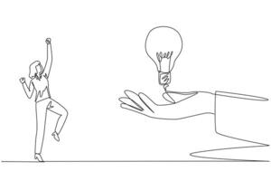Single one line drawing the businesswoman is excited to get a lightbulb from a giant hand. Sharing is caring. Getting the best brilliant idea for business. Continuous line design graphic illustration vector