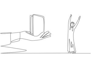 Single continuous line drawing Arabian businessman was excited to get a wallet from the giant hand. Profitable prizes. Get a treat. Didn't spend any money at all. One line design illustration vector