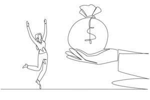 Continuous one line drawing the businesswoman was excited to get money bag from the giant hand. Large additional capital. Matching bonuses. Work smart. Single line draw design illustration vector