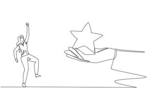 Continuous one line drawing businesswoman was happy to get a star from giant hand. Always get good grades. Employee of the month. Hard and smart work. Single line draw design illustration vector