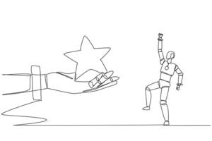 Continuous one line drawing a robot was happy to get a star from the giant hand. Getting good reviews. Good ranking. Artificial intelligence. Future tech. Single line draw design illustration vector