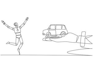 Single continuous line drawing a robot excited to get miniature car from giant hand. Duplicating artificial intelligence. Car technology in the future. Development. One line design illustration vector