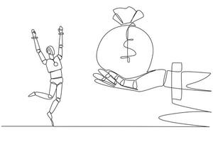 Single one line drawing a smart robot was excited to get the money bag from giant hand. Learning by doing. Practice makes perfect. Success that makes money. Continuous line design graphic illustration vector