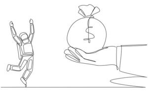 Single one line drawing astronaut was excited to get the money bag from giant hand. Lots of cash. Enough to fund a space expedition. Cosmonaut deep space. Continuous line design graphic illustration vector