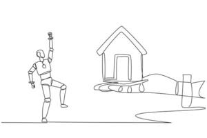 Single continuous line drawing a robot excited to get a miniature house from giant hand. The best technology production house. Future artificial intelligence. One line design illustration vector