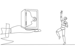 soltero uno línea dibujo un robot emocionado a obtener un seguro depositar caja desde un gigante mano. el mas seguro almacenamiento. ahorro artificial inteligencia ensayos. tecnología. continuo línea diseño gráfico ilustración vector